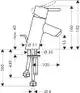 Einhebel-Waschtischmischer von Hansgrohe mit Zubehör, dargestellt im technischen Diagramm mit verschiedenen Maßen und Verbindungselementen.